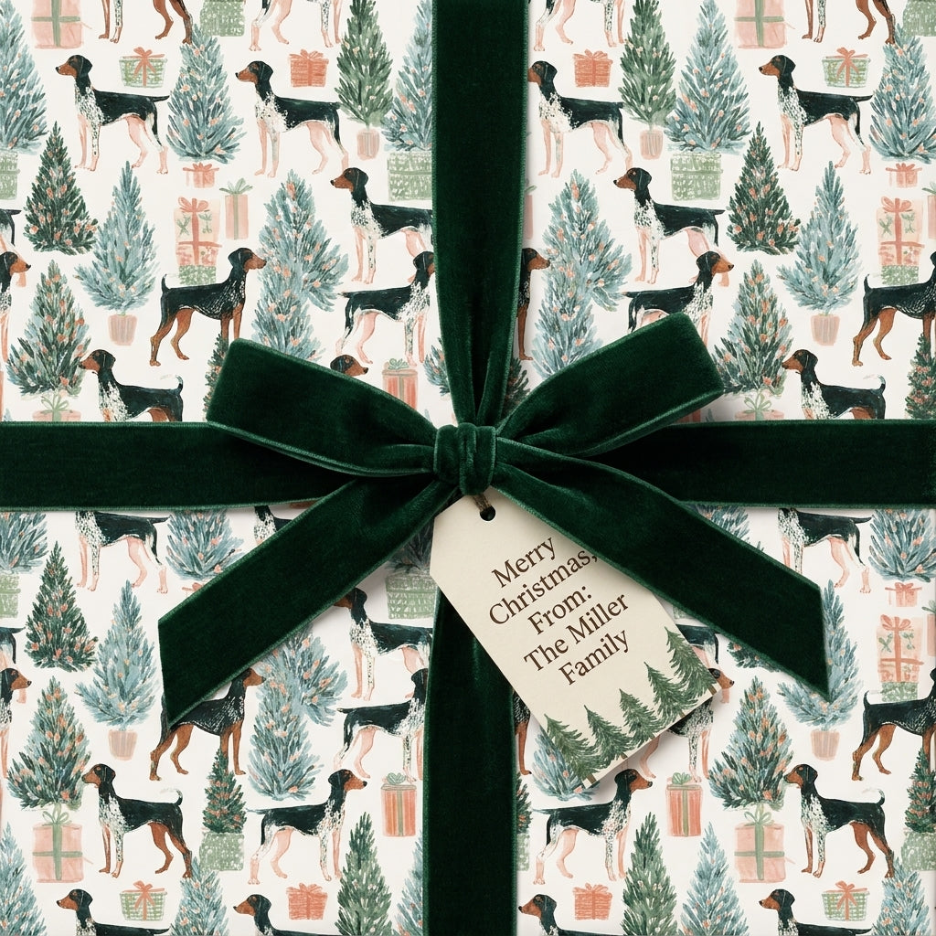 Dog Christmas wrapping paper with a dark green velvet ribbon and custom holiday gift tag by Wrapped Studios.