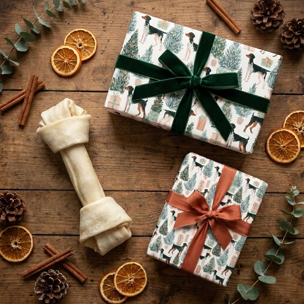 Dog Christmas wrapping paper on gifts with velvet ribbons on a rustic wood table by Wrapped Studios.