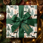 Dog Christmas wrapping paper with green ribbon and Happy Holidays gift tag by Wrapped Studios.