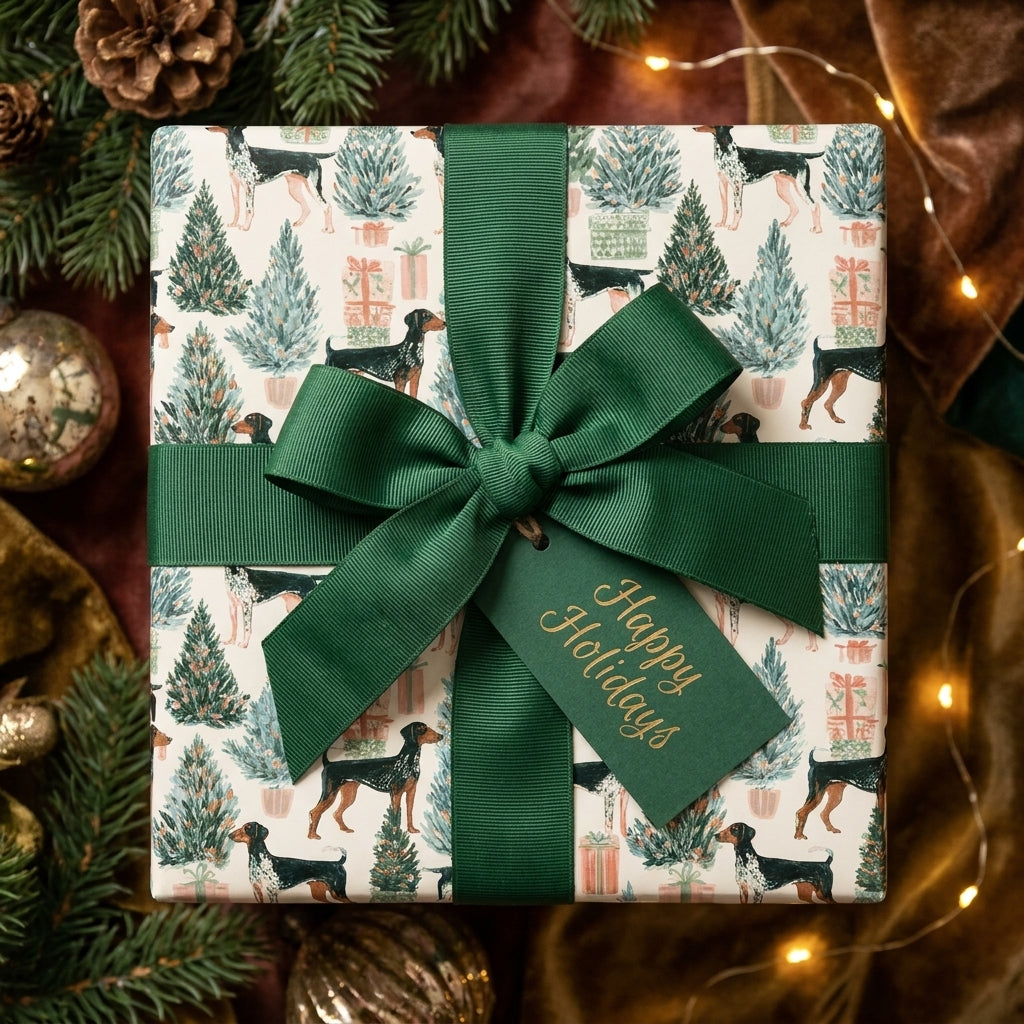 Dog Christmas wrapping paper with green ribbon and Happy Holidays gift tag by Wrapped Studios.
