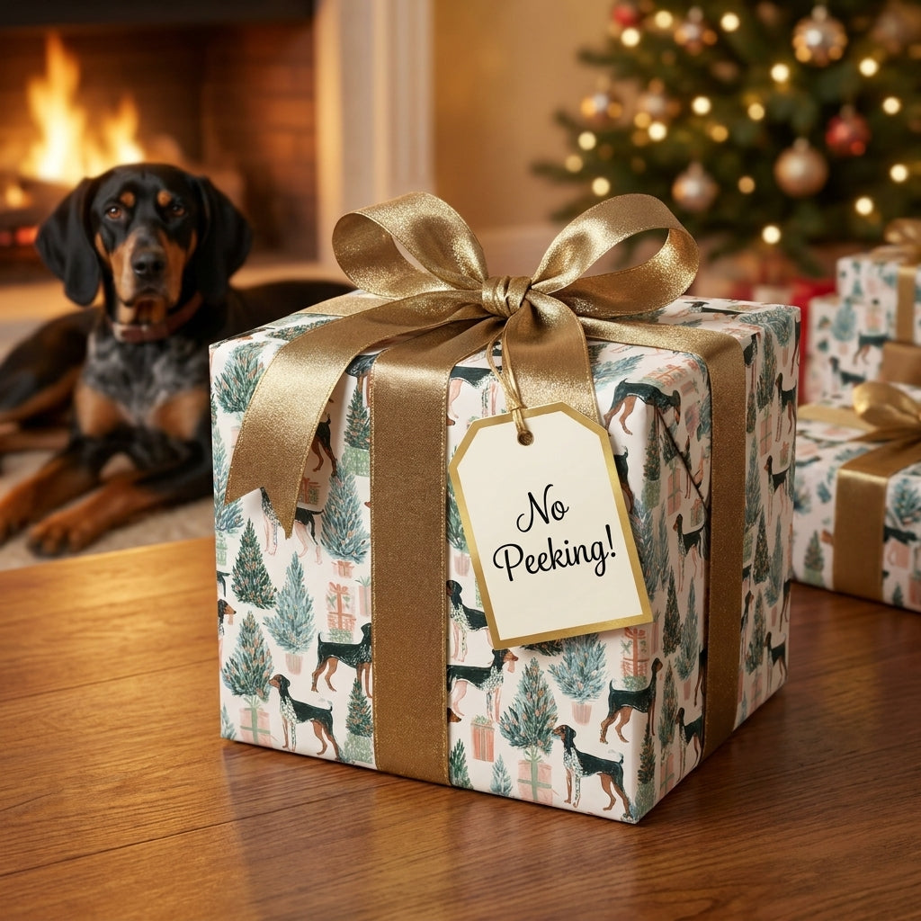 Coonhound dog Christmas wrapping paper with gold bow by Wrapped Studios in a cozy holiday home.