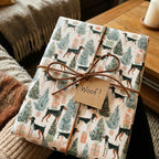 Dog Christmas wrapping paper with hound dog pattern and "Woof!" gift tag by Wrapped Studios.