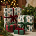 Luxury Christmas wrapping paper with vintage pine tree pattern and velvet bows by Wrapped Studios.