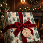 Luxury vintage Christmas wrapping paper with a red velvet bow by Wrapped Studios.