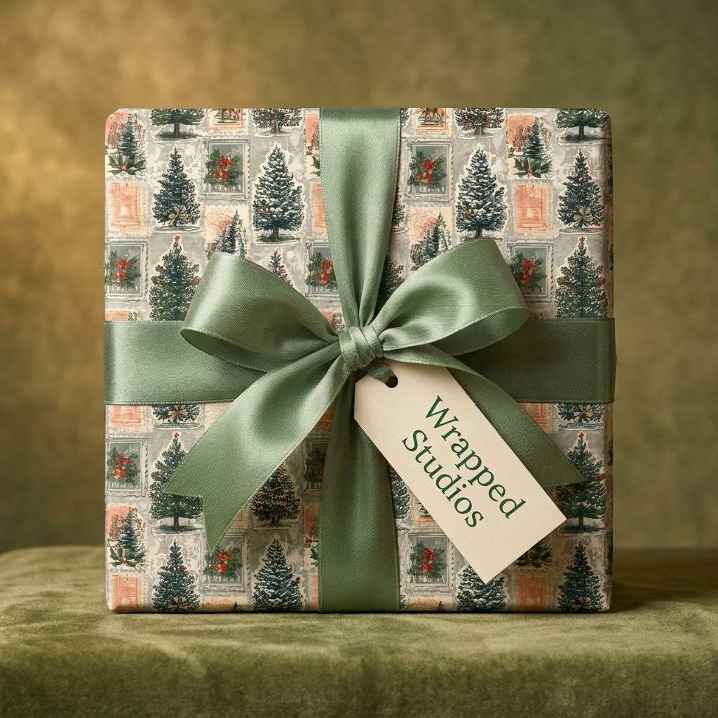Vintage Christmas tree wrapping paper with a sage green satin bow and a Wrapped Studios gift tag.