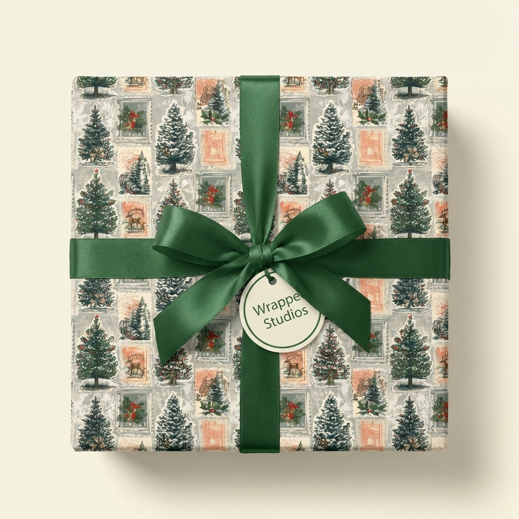 Vintage Christmas tree wrapping paper with a green satin bow and tag, by Wrapped Studios.