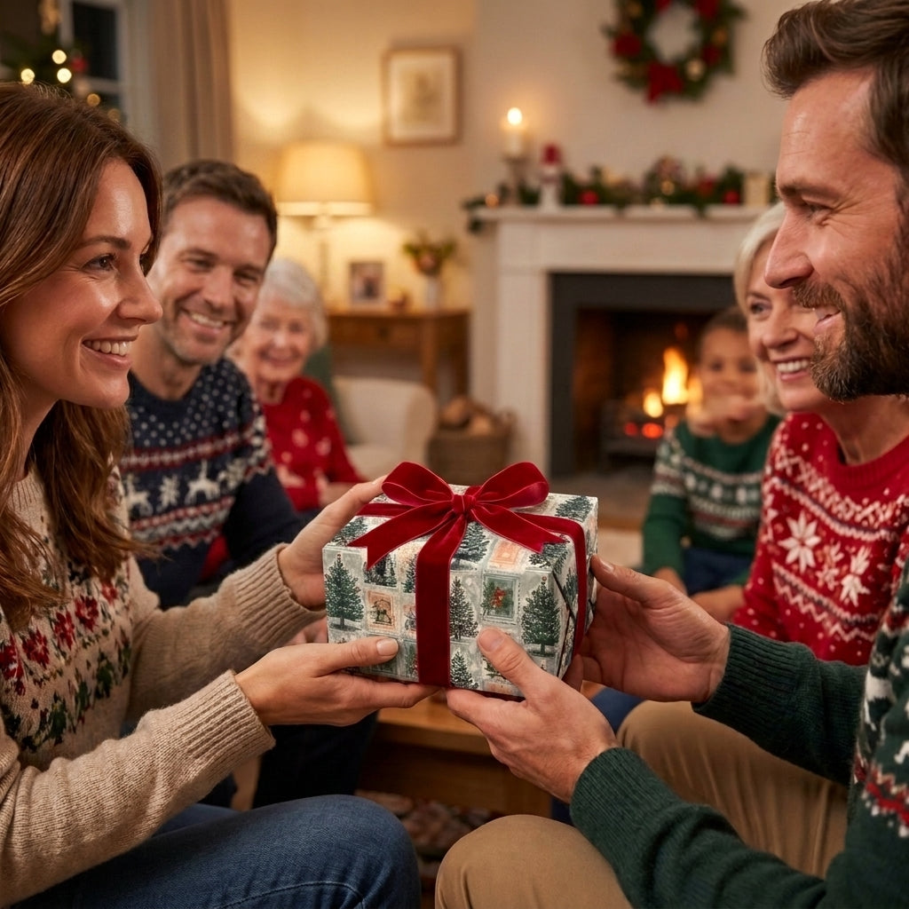 Family exchanging gift in vintage Christmas wrapping paper with red velvet bow, by Wrapped Studios.
