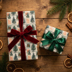Vintage Christmas wrapping paper with pine tree stamp design and red velvet ribbon, by Wrapped Studios.