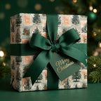 Vintage Christmas wrapping paper with tree stamps and a luxury green ribbon bow by Wrapped Studios.