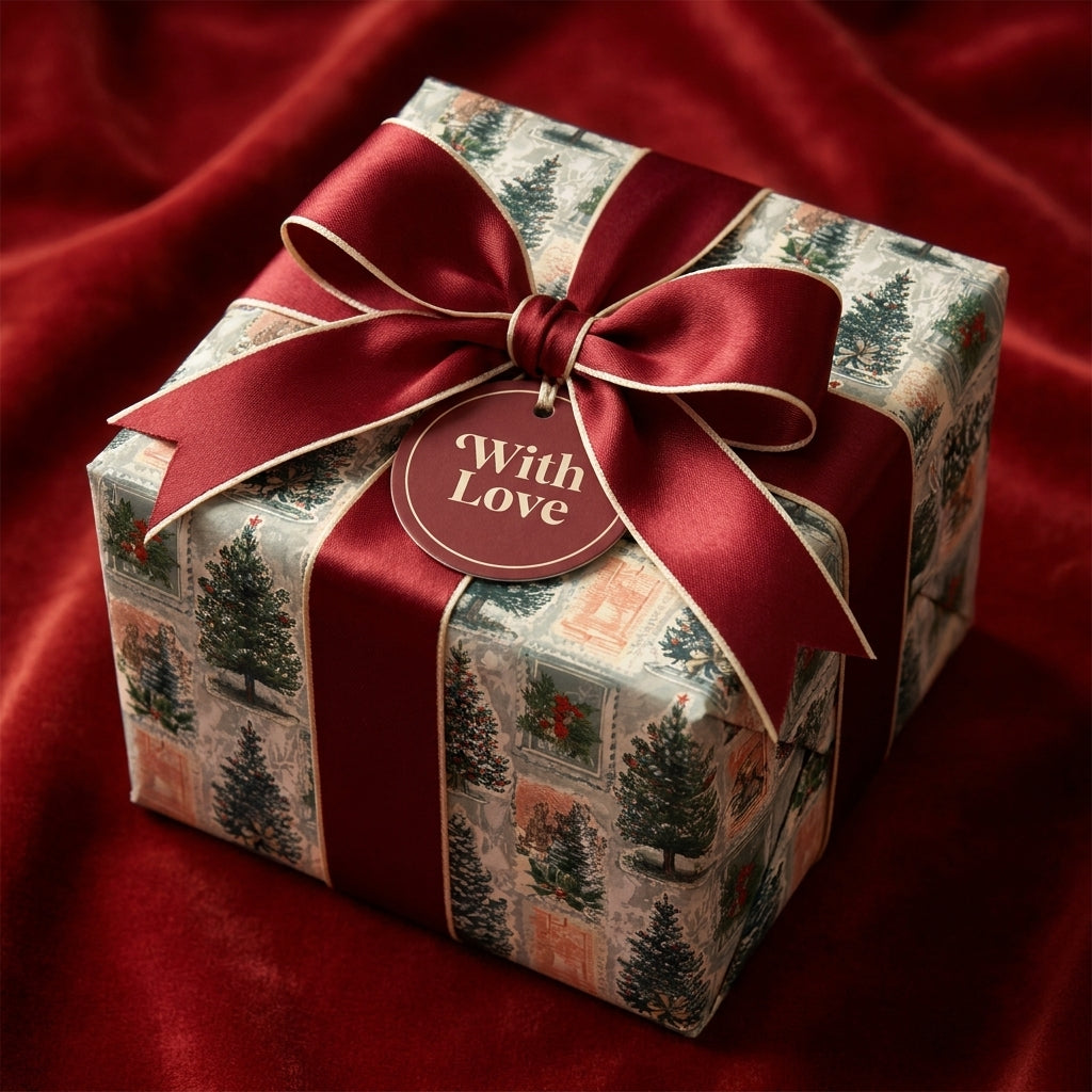 Vintage Christmas wrapping paper with luxury burgundy ribbon on a gift box, by Wrapped Studios.