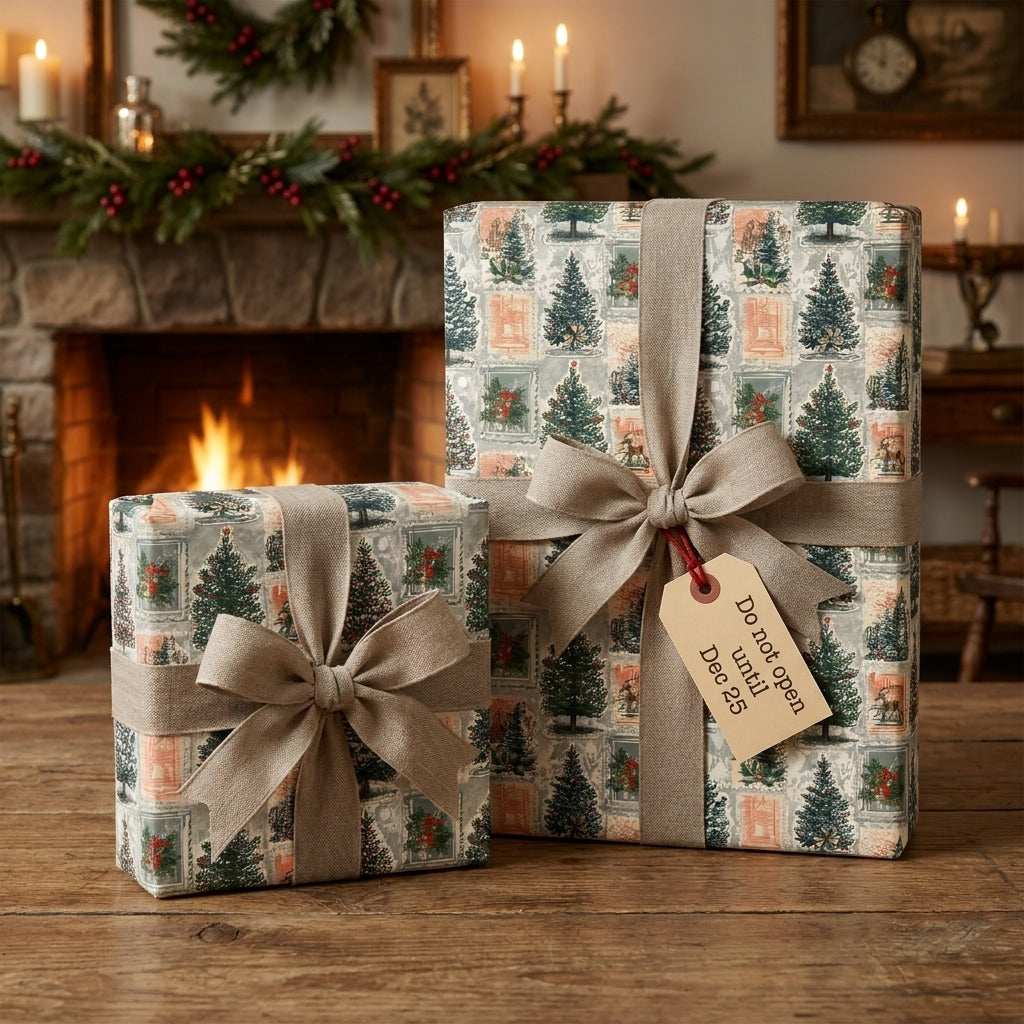 Vintage Christmas wrapping paper featuring tree prints and rustic linen bows by Wrapped Studios.