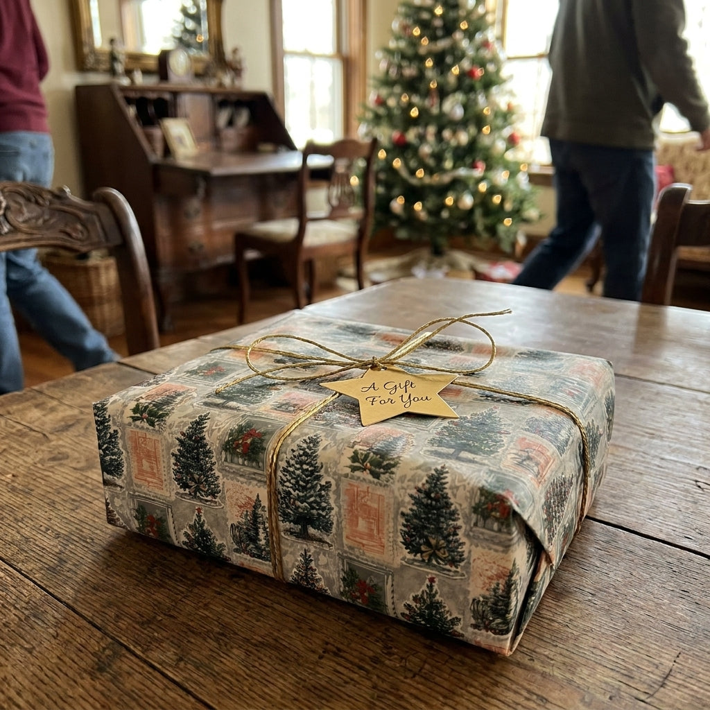 Vintage Christmas wrapping paper with tree pattern and gold bow on a rustic table by Wrapped Studios.