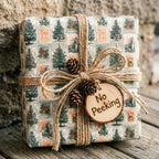 Rustic Christmas gift wrap with vintage tree stamps, twine bow, and wood "No Peeking" tag by Wrapped Studios.