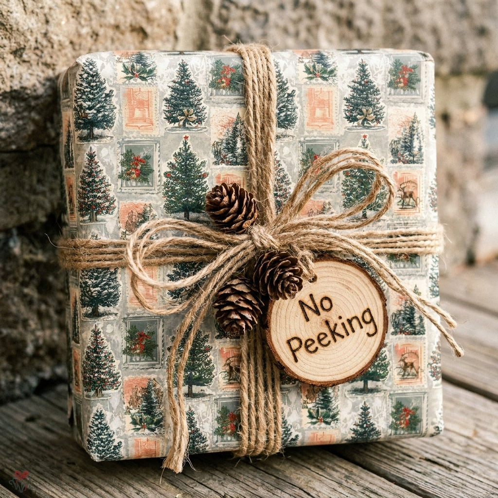 Rustic Christmas gift wrap with vintage tree stamps, twine bow, and wood "No Peeking" tag by Wrapped Studios.