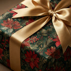 Close-up of a Wrapped Studios gift wrapped in elegant floral Christmas wrapping paper with a gold satin bow.
