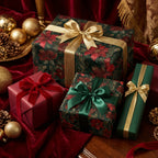 Luxury Christmas gifts wrapped in floral wrapping paper with gold and velvet ribbon.