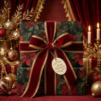 Elegant Christmas gifts wrapped in floral wrapping paper with velvet ribbon.