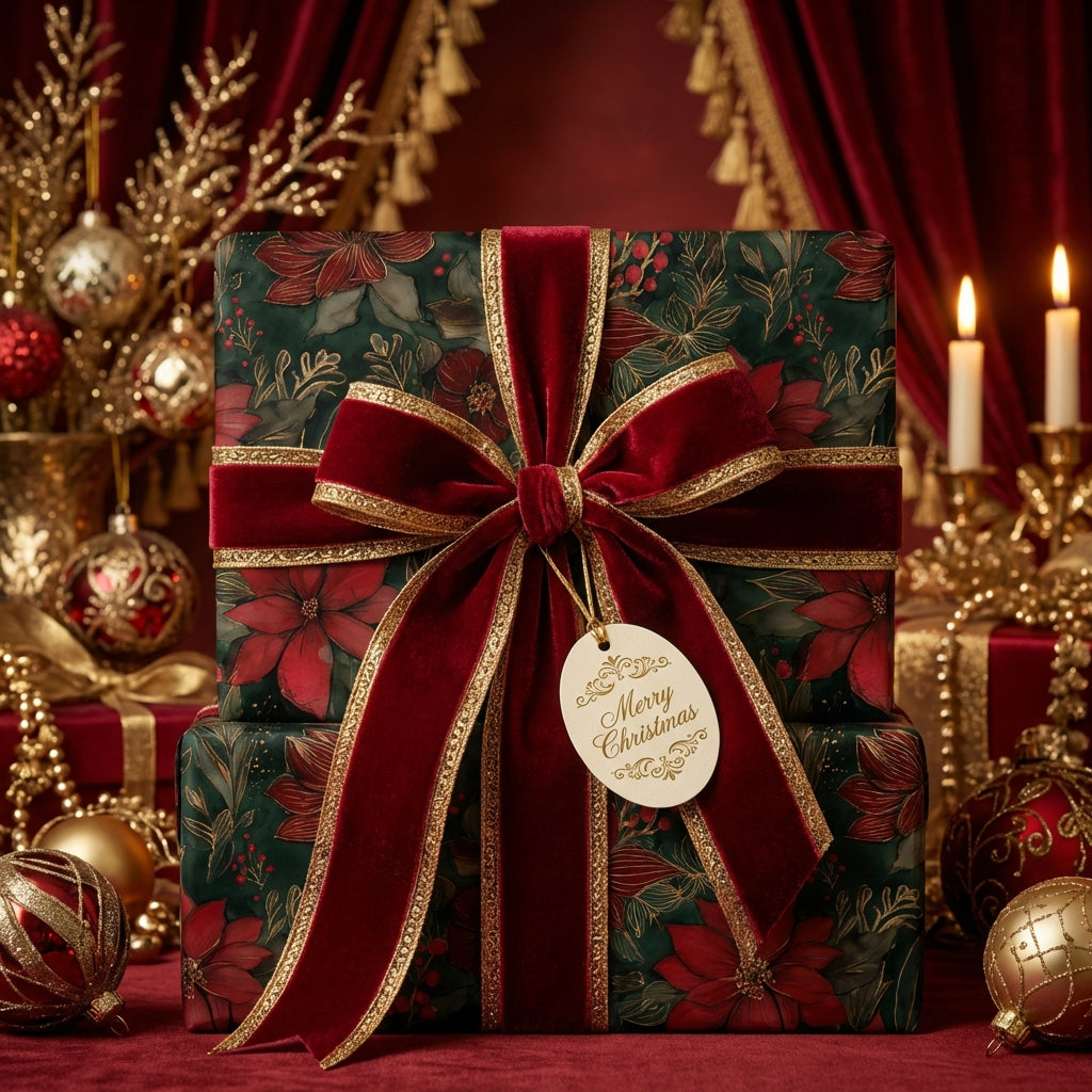 Elegant Christmas gifts wrapped in floral wrapping paper with velvet ribbon.