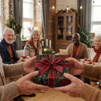 Hands exchange a gift wrapped in elegant floral Christmas wrapping paper with a red ribbon.