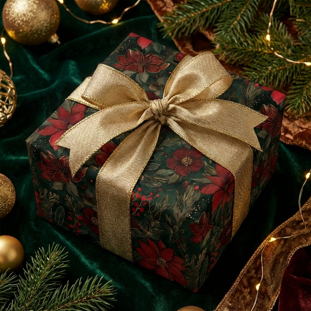 Christmas gift beautifully wrapped in dark floral paper with a gold ribbon.
