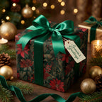 Elegant Christmas gift wrap with red floral pattern, emerald green ribbon, and a "Season's Greetings" tag.