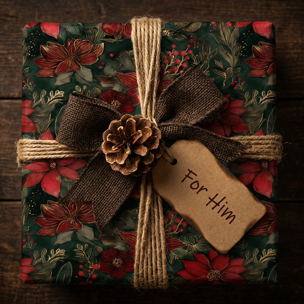 Elegant floral wrapping paper in red and green with a rustic pinecone and "For Him" tag.
