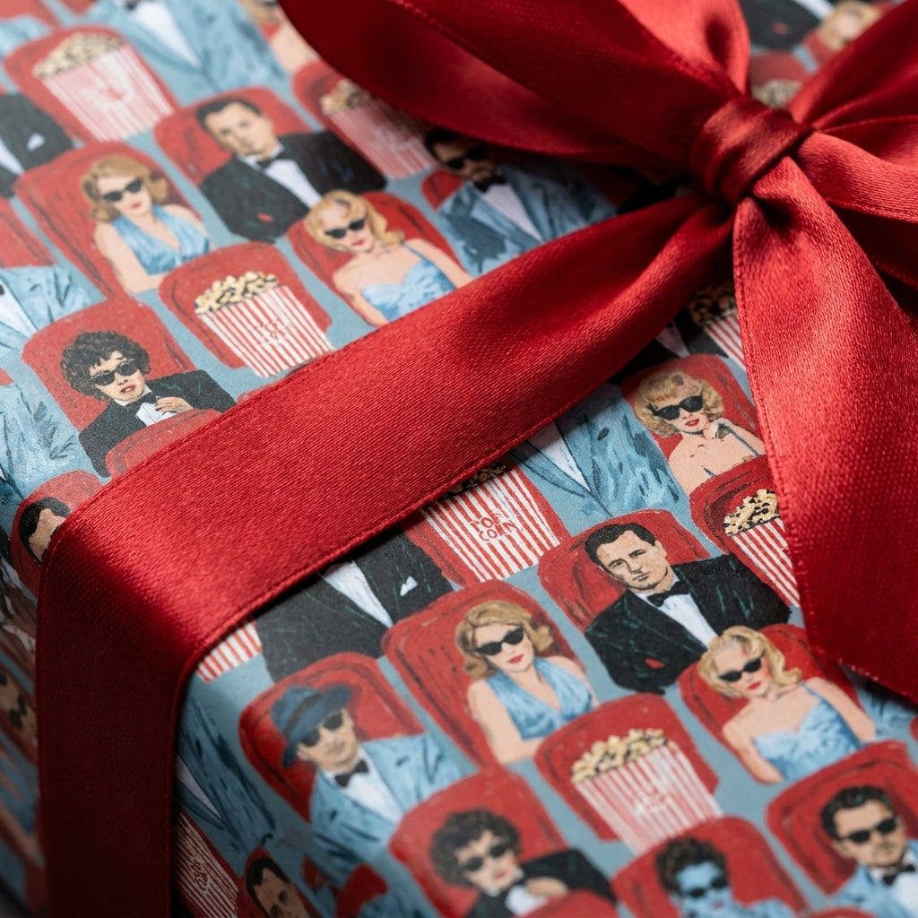 Retro cinema wrapping paper with illustrated moviegoers, tied with a luxury red satin bow by Wrapped Studios.
