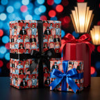Retro cinema movie themed wrapping paper with satin bows on gift boxes by Wrapped Studios.