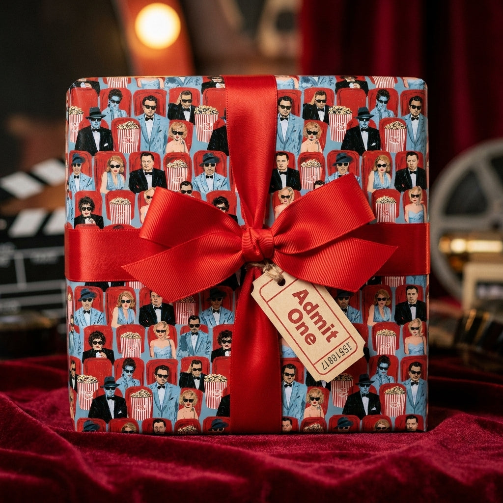 Retro cinema wrapping paper with a large red ribbon bow and movie ticket gift tag, by Wrapped Studios.