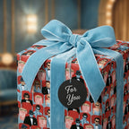 Vintage movie theater gift wrap by Wrapped Studios with a plush blue velvet bow.