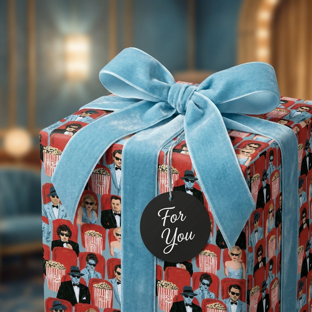 Vintage movie theater gift wrap by Wrapped Studios with a plush blue velvet bow.
