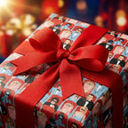 Retro movie wrapping paper with a red ribbon bow on a gift box, by Wrapped Studios.