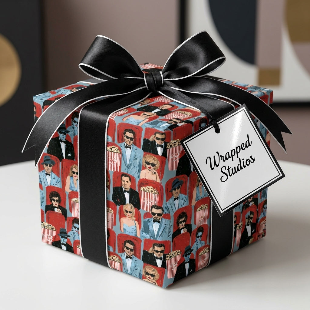 Movie theater wrapping paper with retro cinema pattern and black satin bow by Wrapped Studios.
