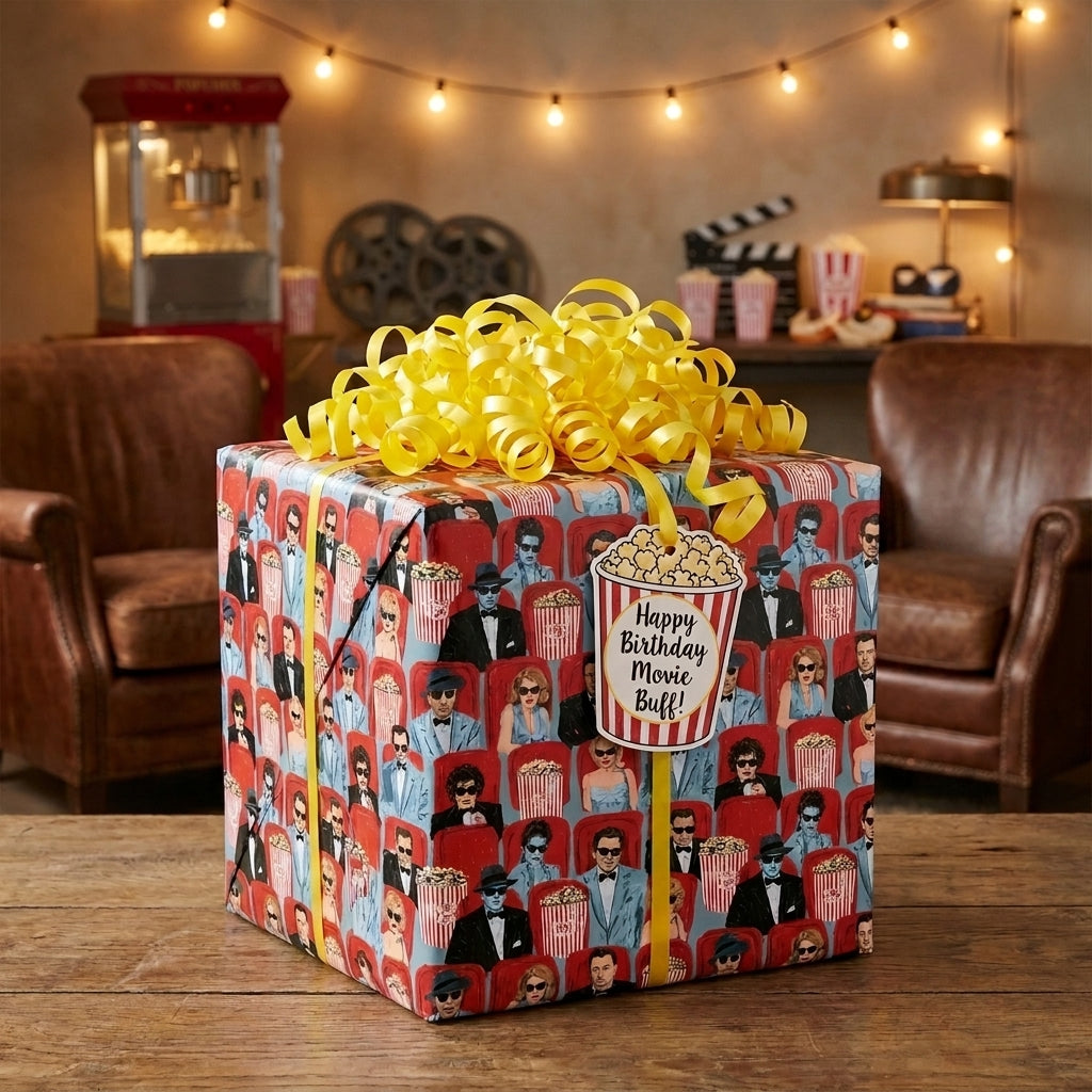 Cinema themed birthday wrapping paper with retro movie pattern and yellow bow by Wrapped Studios.