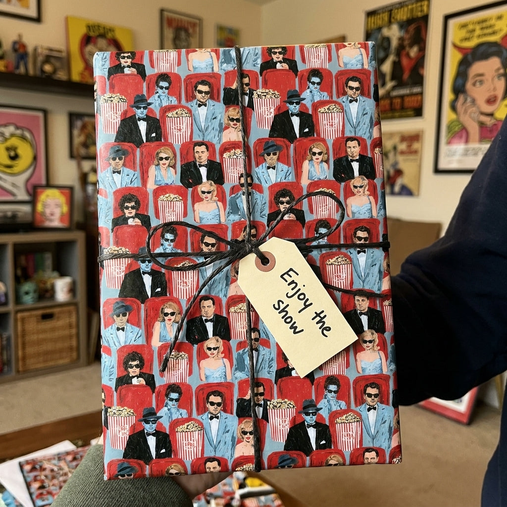 Retro cinema wrapping paper with movie theater audience pattern and gift tag by Wrapped Studios.
