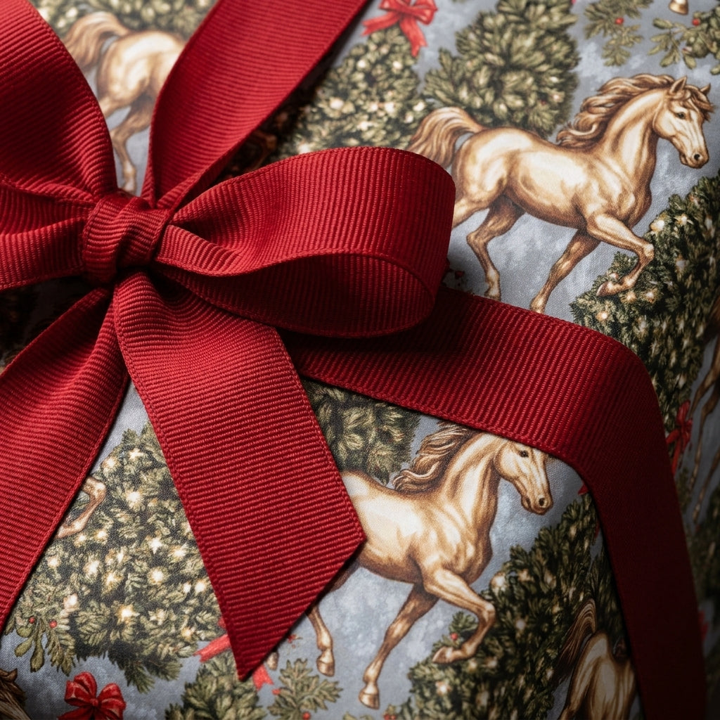 Vintage equestrian Christmas wrapping paper with gold horses and a red ribbon bow, by Wrapped Studios.