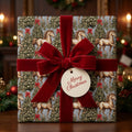 Vintage horse Christmas gift wrap with a red velvet bow and Merry Christmas tag, by Wrapped Studios.