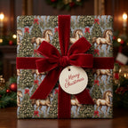 Vintage horse Christmas gift wrap with a red velvet bow and Merry Christmas tag, by Wrapped Studios.