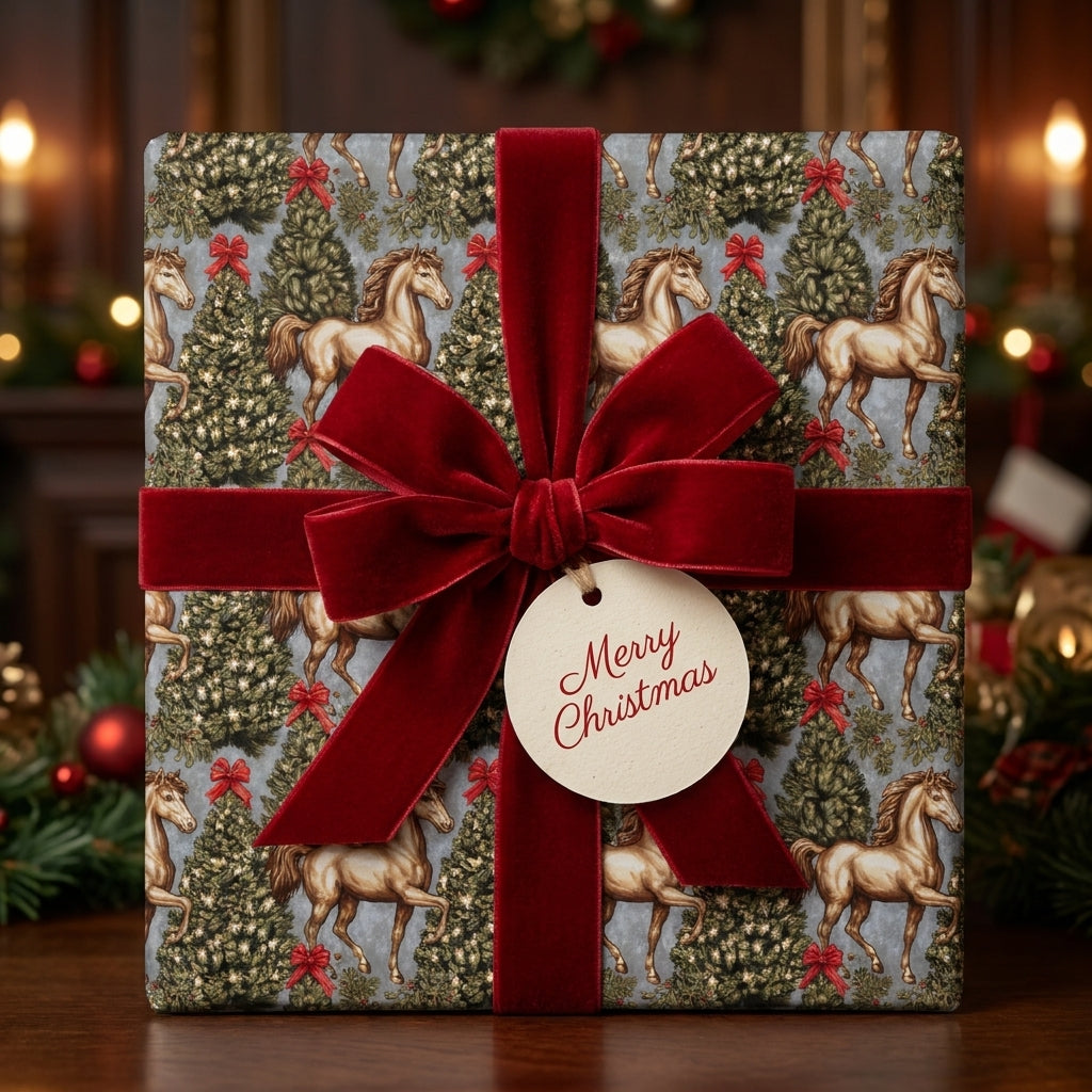 Vintage horse Christmas gift wrap with a red velvet bow and Merry Christmas tag, by Wrapped Studios.