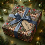 Vintage equestrian Christmas gift wrap with a running horse pattern and blue ribbon by Wrapped Studios.