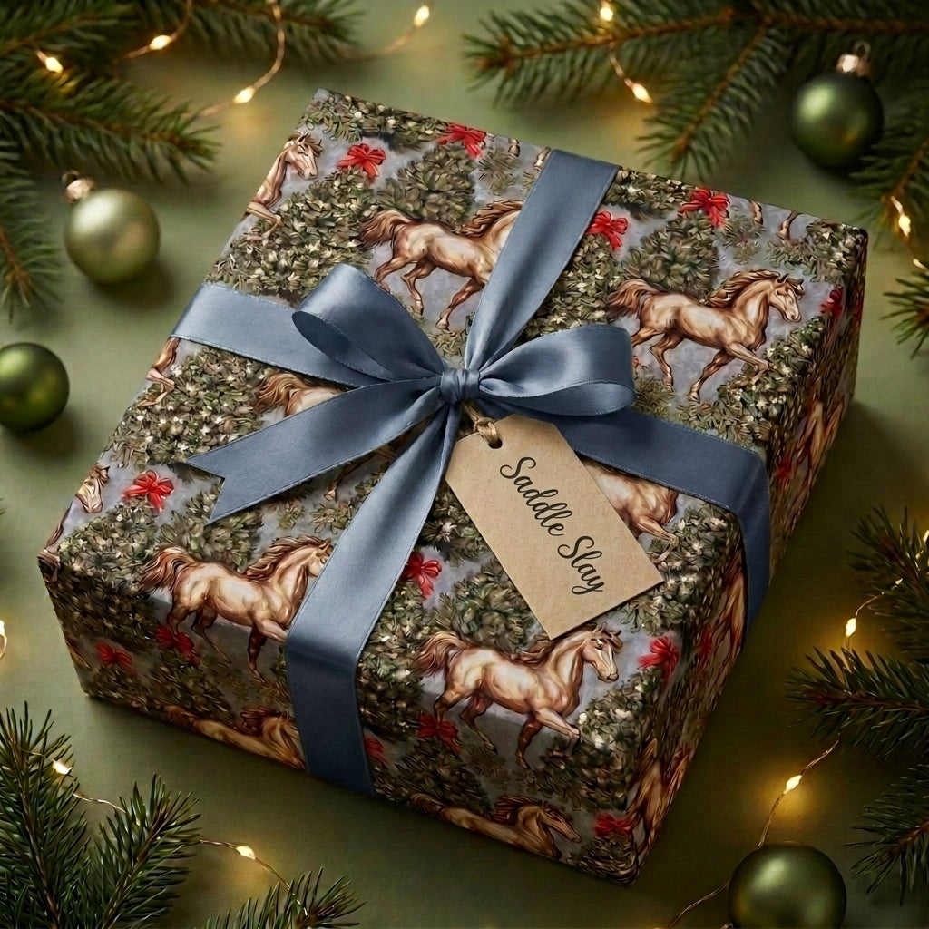 Vintage equestrian Christmas gift wrap with a running horse pattern and blue ribbon by Wrapped Studios.