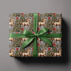 Equestrian Christmas wrapping paper with vintage horses and green ribbon by Wrapped Studios.