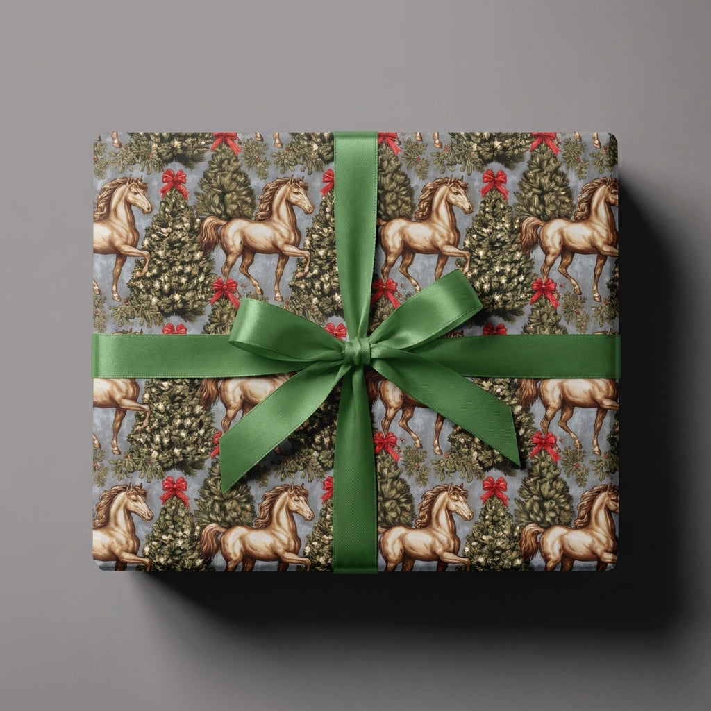 Equestrian Christmas wrapping paper with vintage horses and green ribbon by Wrapped Studios.
