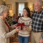 Grandparents gifting vintage horse Christmas wrapping paper by Wrapped Studios.