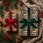 Equestrian horse Christmas wrapping paper with luxury velvet bows on gifts by Wrapped Studios.