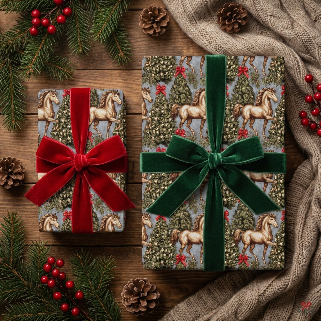 Equestrian horse Christmas wrapping paper with luxury velvet bows on gifts by Wrapped Studios.