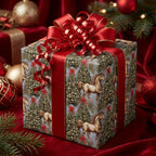 Vintage horse Christmas wrapping paper with a red satin bow on a holiday gift box by Wrapped Studios.
