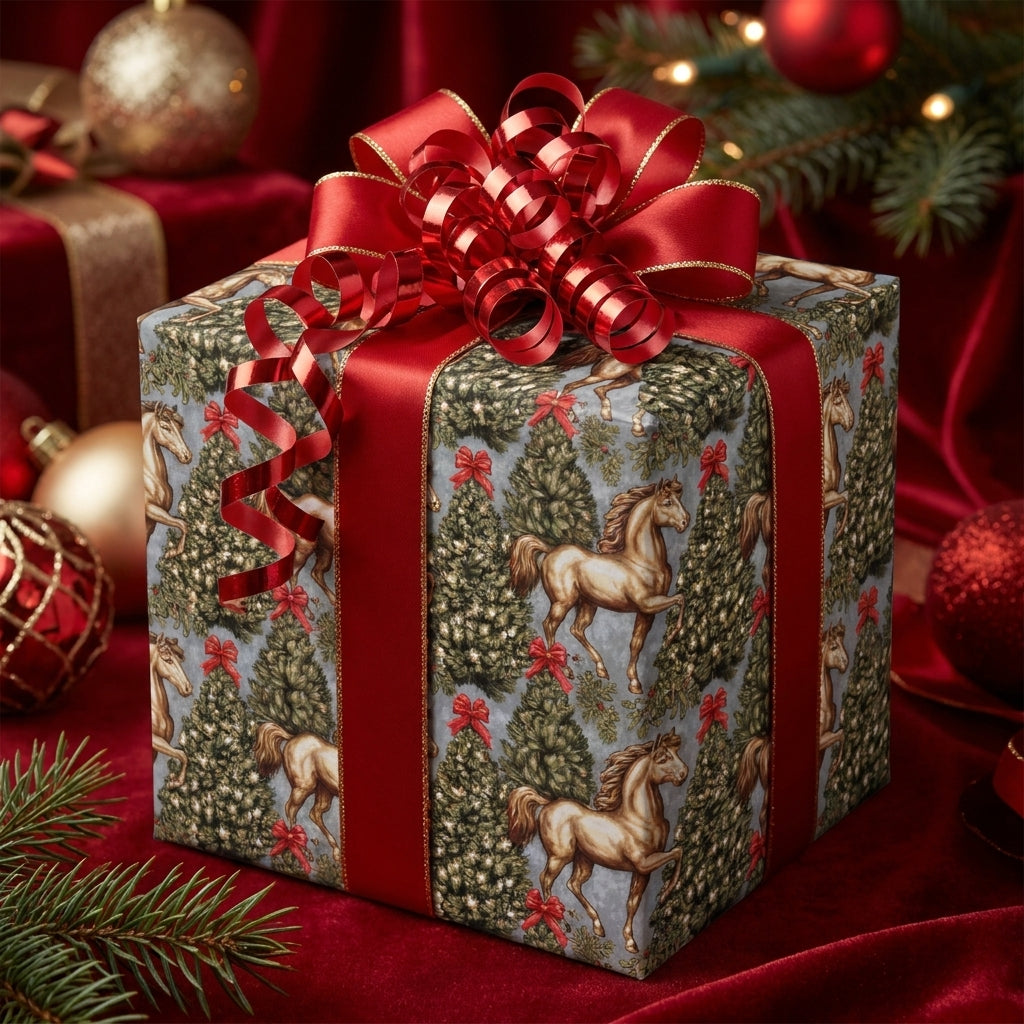 Vintage horse Christmas wrapping paper with a red satin bow on a holiday gift box by Wrapped Studios.