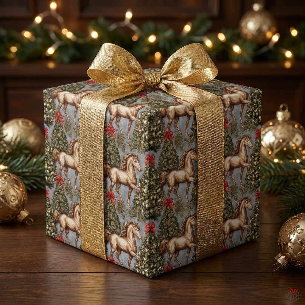 Luxury vintage horse Christmas wrapping paper with gold ribbon by Wrapped Studios.