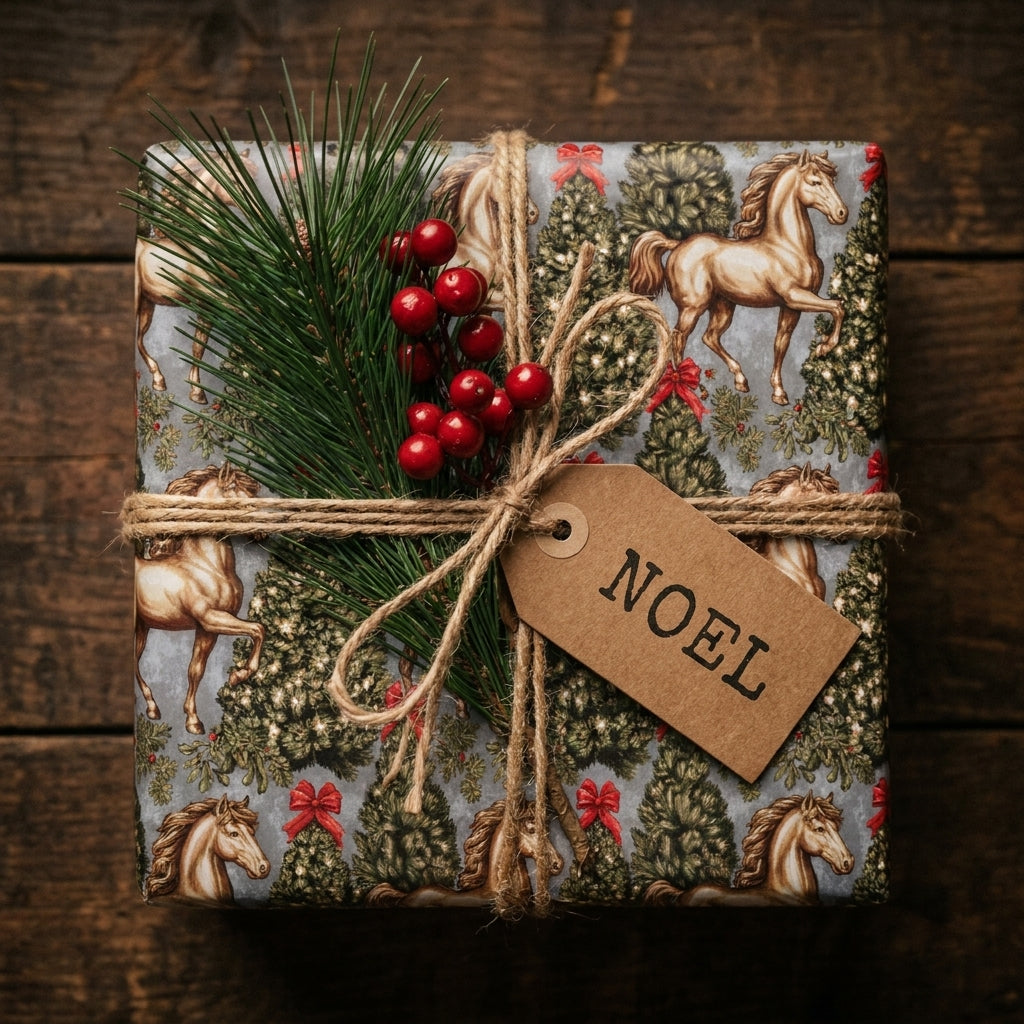 Vintage horse Christmas wrapping paper by Wrapped Studios on a rustic gift with twine and a Noel tag.